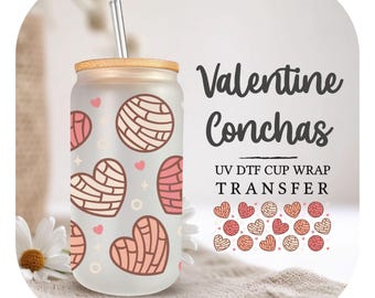 Valentine's Day UV DTF Libbey 16oz Cup Wrap Sticker, Ready to Apply, No Heat, Permanent Adhesive, Waterproof, Glass Can, Love, Concha Hearts