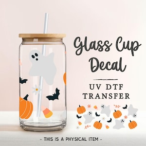 Halloween Pumpkins and Ghost UV DTF Glass Can Wrap for 16 oz Libbey Beer Can, Sticker, Permanent Adhesive Decal, No Heat, Waterproof, Autumn