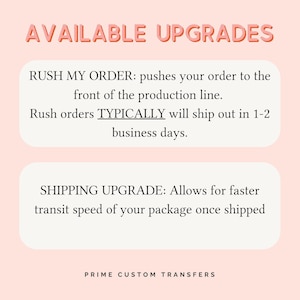 May include: A light pink background with the words "AVAILABLE UPGRADES" in a 3D, bubble-style font. Text below details options for faster order processing and shipping upgrades. The text "PRIME CUSTOM TRANSFERS" is at the bottom.