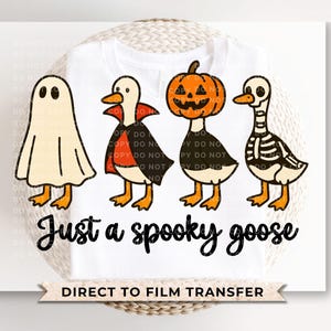 May include: White t-shirt featuring a Halloween-themed graphic. The design includes four cartoon geese dressed as a ghost, vampire, jack-o'-lantern, and skeleton. The text "Just a spooky goose" is below the geese.