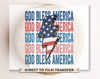 Transferencias DTF del 4 de julio, listas para imprimir, transferencias para camisetas, transferencia de calor, directo a película, God Bless America Stacked, Cheetah Lightning