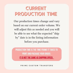 May include: A pink and white graphic with the text "CURRENT PRODUCTION TIME" in a coral color. The text explains production times and how to find the expected ship date before purchase. The graphic also states that production time is for printing and packaging, not shipping speed.