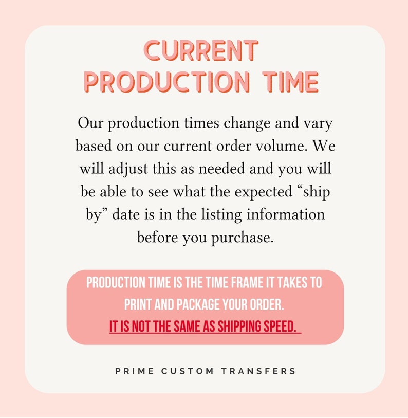 May include: A pink and white graphic with the text "CURRENT PRODUCTION TIME" in a coral color. The text explains production times and how to find the expected ship date before purchase. The graphic also states that production time is for printing and packaging, not shipping speed.