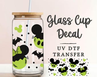 Halloween Frankenstein Mouse UV DTF Glass Can Wrap for 16 oz Libbey Can, Sticker, Permanent Adhesive Decal, No Heat, Waterproof, Holiday