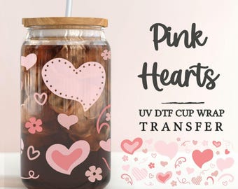 Valentine's Day UV DTF Libbey 16oz Cup Wrap Sticker, Ready to Apply, No Heat, Permanent Adhesive, Waterproof, Glass Can, Doodle Pink Hearts