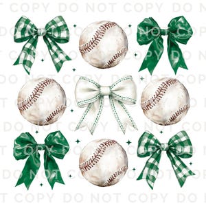May include: A digital clipart set featuring six images: three green bows with white checkered patterns, three green bows with solid green fabric, and three white baseballs with brown stitching.