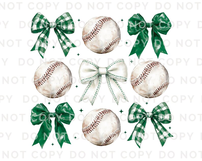 May include: A digital clipart set featuring six images: three green bows with white checkered patterns, three green bows with solid green fabric, and three white baseballs with brown stitching.
