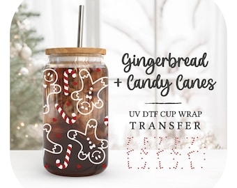 Christmas UV DTF Libbey 16oz Cup Wrap Sticker, Ready to Ship, rts, Direct to Film, Glass Can, Permanent, Gingerbread and Candy Canes