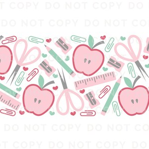 May include: A seamless pattern featuring pink and green school supplies, including apples, pencils, scissors, rulers, and pencil sharpeners. The pattern is ideal for back to school projects.