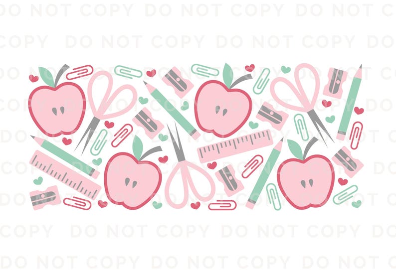 May include: A seamless pattern featuring pink and green school supplies, including apples, pencils, scissors, rulers, and pencil sharpeners. The pattern is ideal for back to school projects.