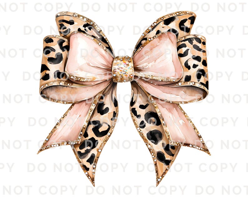 May include: A large pink bow with a leopard print pattern and gold glitter accents. The bow is tied with a knot in the center and has a white background.