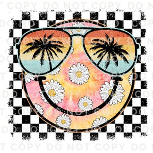 May include: A yellow smiley face with a retro-style sunglasses design. The sunglasses have a sunset gradient with palm trees reflected in the lenses. The smiley face is surrounded by a checkerboard pattern and decorated with white daisies.
