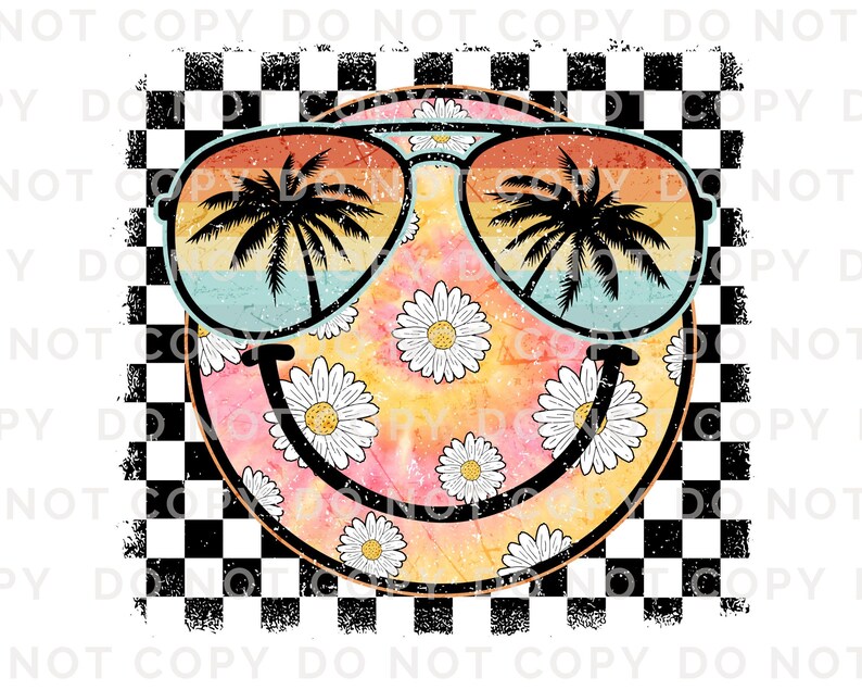 May include: A yellow smiley face with a retro-style sunglasses design. The sunglasses have a sunset gradient with palm trees reflected in the lenses. The smiley face is surrounded by a checkerboard pattern and decorated with white daisies.