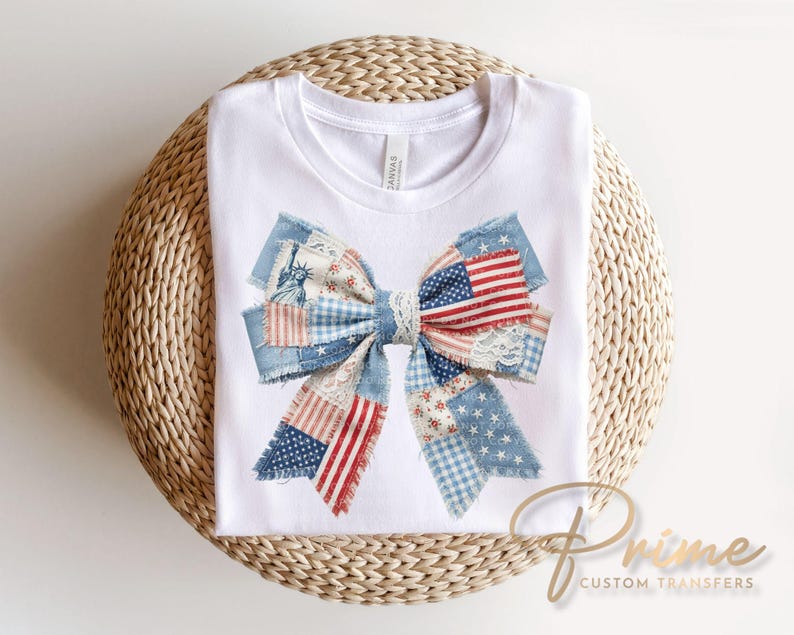 Patriotic Patchwork Bow DTF Transfer, Memorial Day, Coquette 4th of July Tshirt Design afbeelding 2