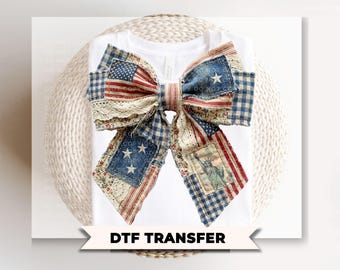 Patchwork 4th of July Bow DTF Transfer, Memorial Day, Coquette Patriotic Tshirt Design