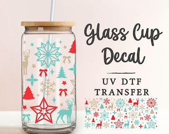 Christmas Geometric UV DTF Glass Can Wrap for 16 oz Libbey Beer Can, Sticker, Permanent Adhesive Decal, No Heat, Waterproof, Holiday