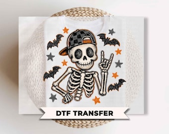 Boy Skeleton Halloween DTF Transfers, Ready to Press, Retro Checker Skeleton Shirt Design
