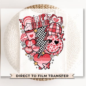 Transferencias DTF, listas para imprimir, transferencias para camisetas, transferencia térmica, directo a película, desprendimiento en frío, San Valentín, collage retro de San Valentín
