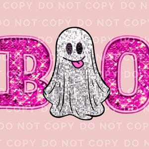May include: Pink glitter letters spelling "BOO" with a white ghost in the middle. The ghost has a smiling face and a pink tongue.