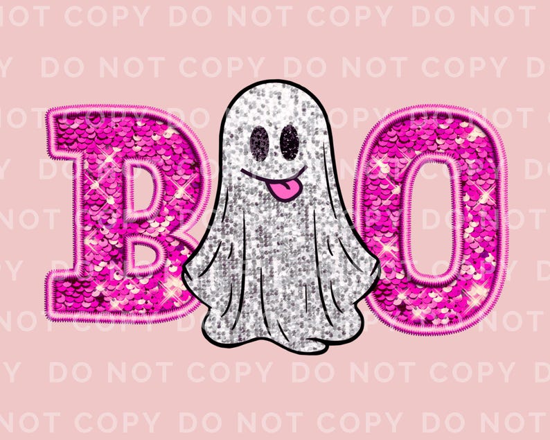 May include: Pink glitter letters spelling "BOO" with a white ghost in the middle. The ghost has a smiling face and a pink tongue.