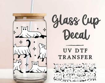 Halloween Spooky Cats UV DTF Glass Can Wrap for 16 oz Libbey Beer Can, Sticker, Permanent Adhesive Decal, No Heat, Waterproof, Kitten