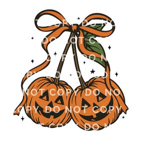 May include: A whimsical Halloween design featuring two orange pumpkin-shaped faces with carved-out eyes and mouths, connected by stems and an orange ribbon. The design includes the text "NOT COPY DO NOT COPY" and small black stars.