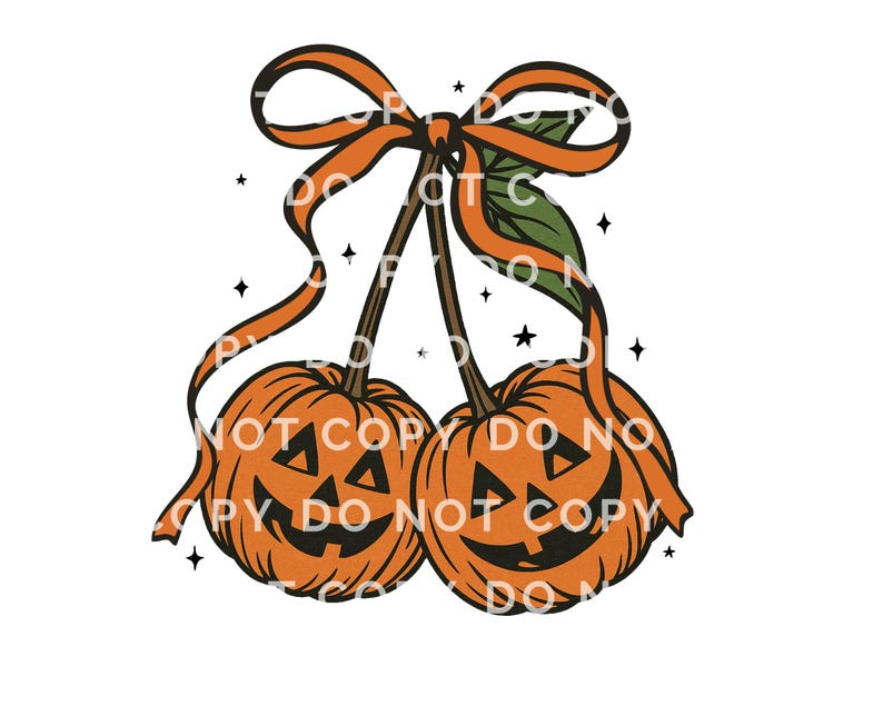 May include: A whimsical Halloween design featuring two orange pumpkin-shaped faces with carved-out eyes and mouths, connected by stems and an orange ribbon. The design includes the text "NOT COPY DO NOT COPY" and small black stars.