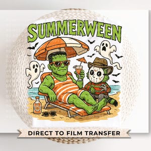 May include: White graphic featuring Frankenstein and Freddy Krueger relaxing on a beach under an orange umbrella. The text "SUMMERWEEN" is above the characters. A bottle, sunglasses, and ghosts are also visible.