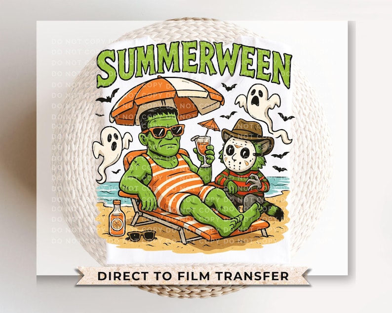 May include: White graphic featuring Frankenstein and Freddy Krueger relaxing on a beach under an orange umbrella. The text "SUMMERWEEN" is above the characters. A bottle, sunglasses, and ghosts are also visible.