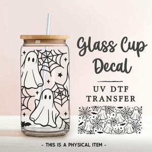 Halloween Ghost and Spider Web UV DTF Glass Can Wrap for 16 oz Libbey Beer Can, Sticker, Permanent Adhesive Decal, No Heat, Waterproof, Fall
