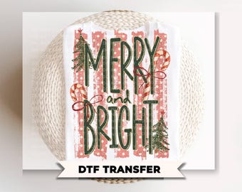 Merry and Bright DTF Transfer, Ready to Press, Trendy Stripes Christmas Tshirt Design