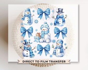 Coquette Bows and Snowmen DTF Transfers, Ready to Press, T-shirt Transfers, Heat Transfer, Direct to Film, Holiday, Light Blue, Snow, Winter