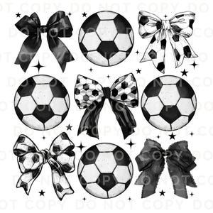 Puede incluir: Una ilustraci&oacute;n de balones de f&uacute;tbol y lazos en blanco y negro. Los lazos presentan diversos patrones, incluyendo negro liso y dise&ntilde;os de balones de f&uacute;tbol. Los balones son cl&aacute;sicos en blanco y negro, con estrellas dispersas.