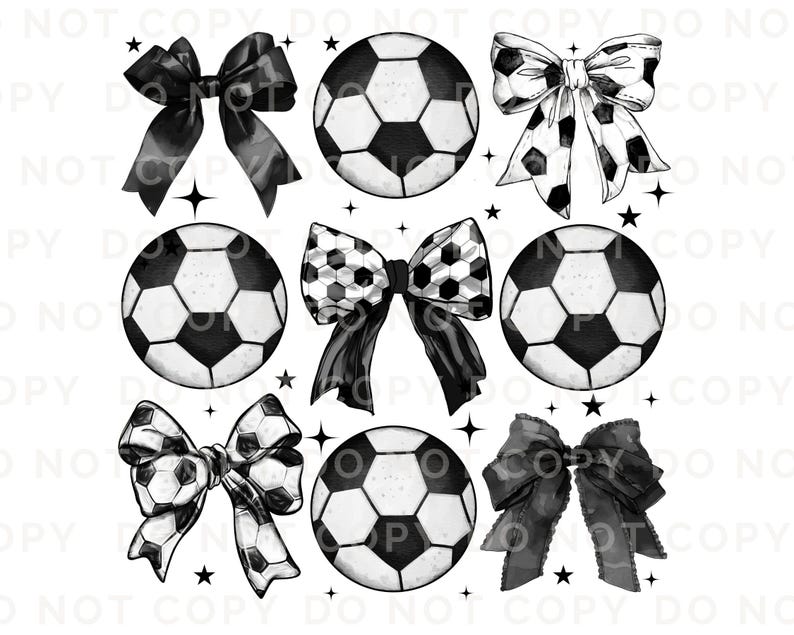 Puede incluir: Una ilustraci&oacute;n de balones de f&uacute;tbol y lazos en blanco y negro. Los lazos presentan diversos patrones, incluyendo negro liso y dise&ntilde;os de balones de f&uacute;tbol. Los balones son cl&aacute;sicos en blanco y negro, con estrellas dispersas.