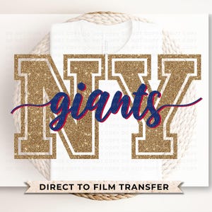 May include: Gold glitter "NY Giants" text with a navy blue outline and red shadow. The text is on a white background with a rope border.