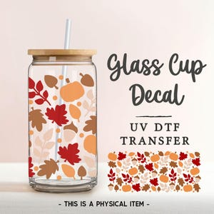 Fall Leaves and Pumpkins UV DTF Glass Can Wrap for 16 oz Libbey Can, Sticker, Permanent Decal, No Heat, Waterproof, Halloween, Autumn