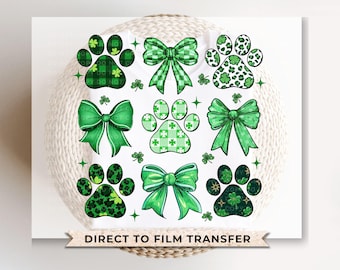 St. Patrick's Day DTF Transfer, Ready to Press, T-shirt Transfers, Heat Transfer, Direct to Film, Dog Lover, Dog Mama, Coquette Dog Paw Bows
