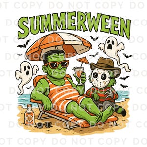 May include: A cartoon illustration featuring Frankenstein relaxing on a beach chair under an orange and white umbrella, with a drink in hand. Beside him is a character wearing a hockey mask and a hat. The image includes the text "SUMMERWEEN" in green.