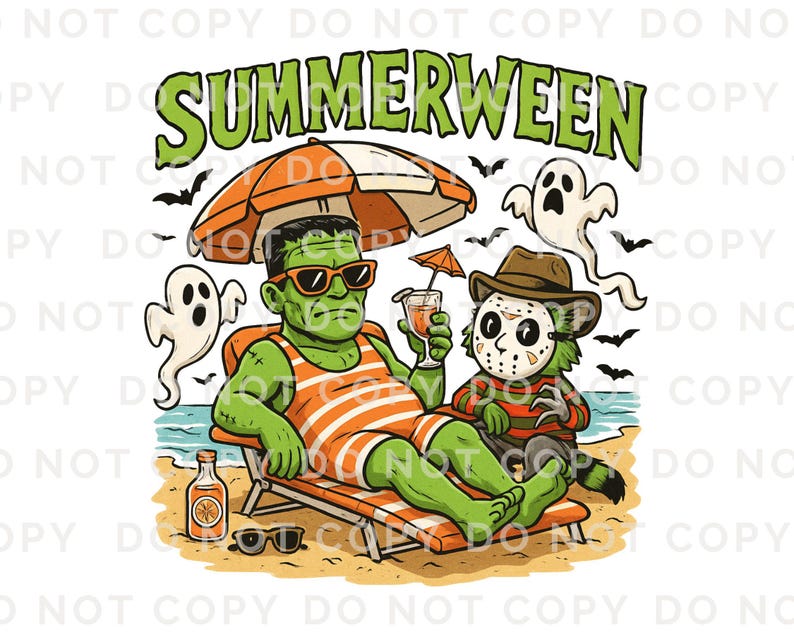 May include: A cartoon illustration featuring Frankenstein relaxing on a beach chair under an orange and white umbrella, with a drink in hand. Beside him is a character wearing a hockey mask and a hat. The image includes the text "SUMMERWEEN" in green.