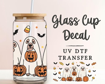 Halloween DogsUV DTF Glass Can Wrap for 16 oz Libbey Beer Can, Sticker, Permanent Adhesive Decal, No Heat, Waterproof, Holiday, Pet Lover