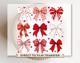 Peut inclure: Huit motifs de nœuds en aquarelle rouge et blanc avec des cœurs sur un fond blanc. Le texte "DIRECT TO FILM TRANSFER" est en bas de l'image.
