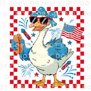 May include: A cartoon goose wearing a blue bandana and sunglasses holds a hot dog in one hand and an American flag in the other. The goose is standing on a red and white checkered background with fireworks in the background.