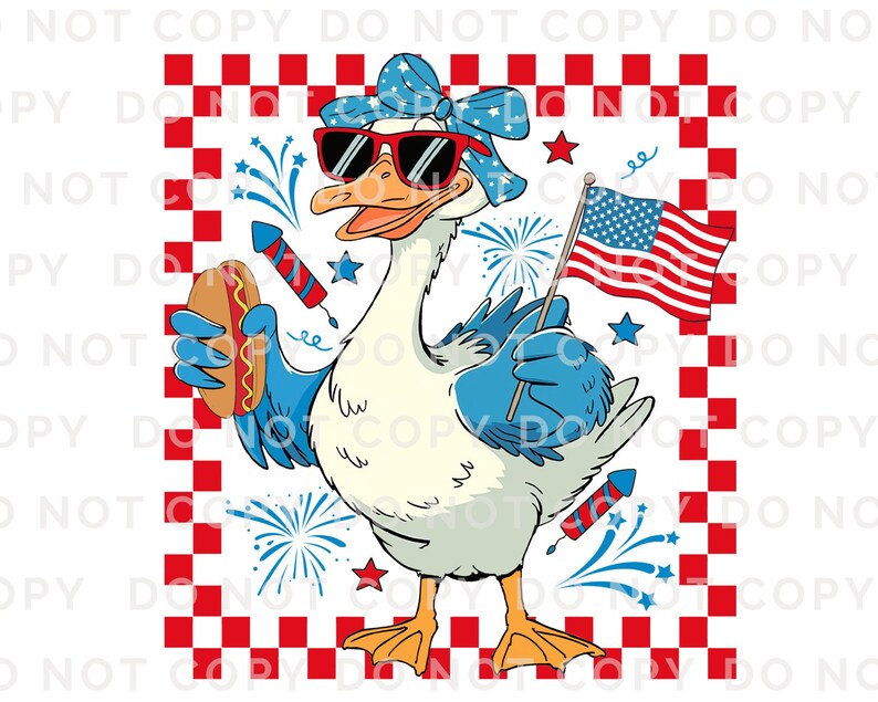 May include: A cartoon goose wearing a blue bandana and sunglasses holds a hot dog in one hand and an American flag in the other. The goose is standing on a red and white checkered background with fireworks in the background.