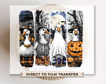 May include: A whimsical Halloween-themed design featuring four geese in costumes. One goose wears a witch hat, another a skeleton costume, a third is dressed as a ghost, and the last is inside a carved pumpkin. The background includes a spooky night scene.