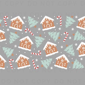 Op de afbeelding: Een naadloos patroon met peperkoekhuisjes, snoepstokken en dennenbomen op een grijze achtergrond. De huisjes zijn versierd met witte glazuur en rode snoephartjes. De snoepstokken zijn rood en wit. De dennenbomen zijn groen.