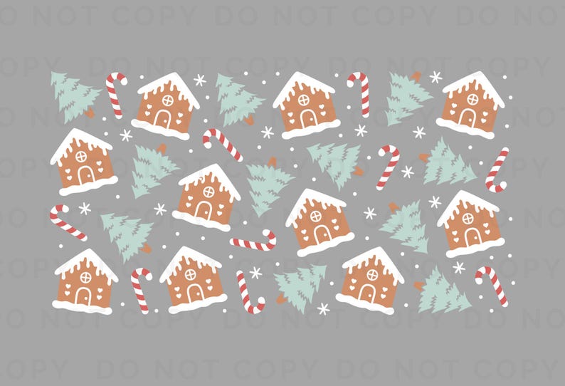 Op de afbeelding: Een naadloos patroon met peperkoekhuisjes, snoepstokken en dennenbomen op een grijze achtergrond. De huisjes zijn versierd met witte glazuur en rode snoephartjes. De snoepstokken zijn rood en wit. De dennenbomen zijn groen.