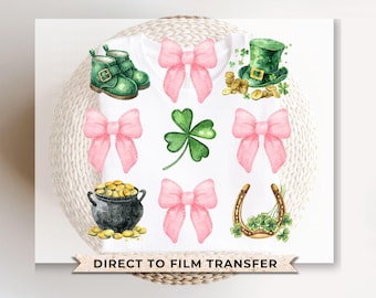 St. Patrick's Day DTF Transfer, Ready to Press, T-shirt Transfer, Heat Transfer, Direct to Film, Shamrock, Pink Bow, Coquette St Patties Day