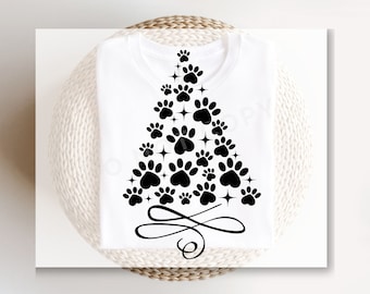 DTF Transfers, Ready to Press, T-shirt Transfers, Heat Transfer, Direct to Film, Holiday, Dog, Cat, Pet, Paw Christmas Tree - Black