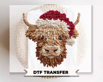 Faux Latch Hook Highland Cow DTF Transfer, Ready to Press, Christmas Tshirt Design