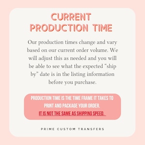 Puede incluir: Un gr&aacute;fico rosa y blanco con el texto "TIEMPO DE PRODUCCI&Oacute;N ACTUAL". El texto explica que los tiempos de producci&oacute;n var&iacute;an seg&uacute;n el volumen de pedidos y que la fecha de env&iacute;o prevista est&aacute; en la informaci&oacute;n del listado.